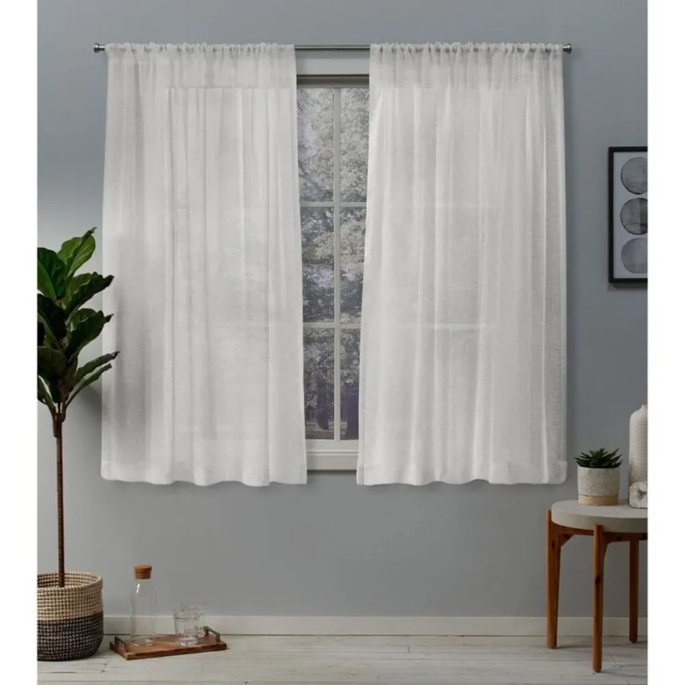 Belgian Textured Linen Rod Pocket Sheer Curtain Panels Ivory 96x50 Set/2